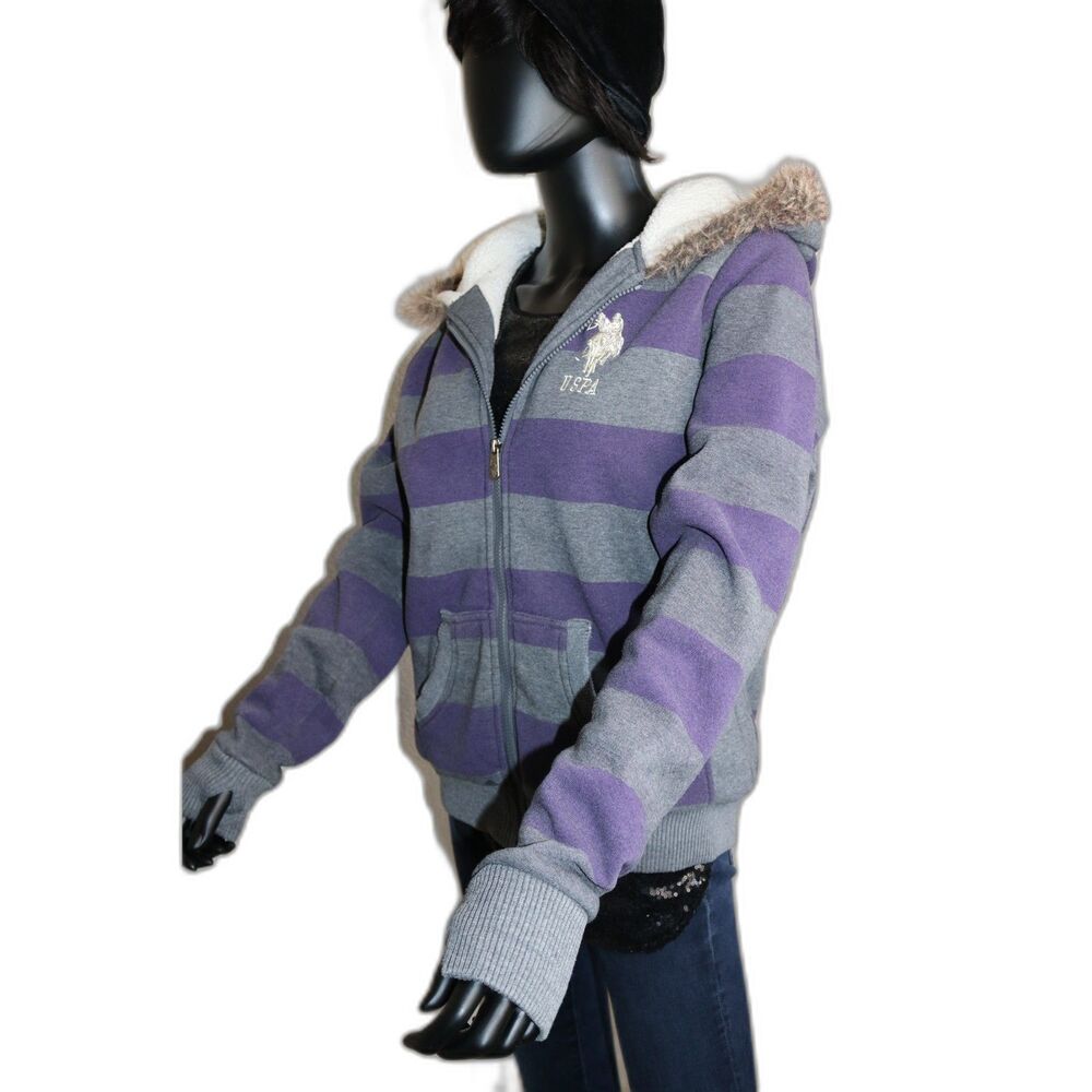 US Polo Assn. Junior's Striped Fleece Hooded Jacket w/Sherpa Lining (XL) - Picture 2 of 7